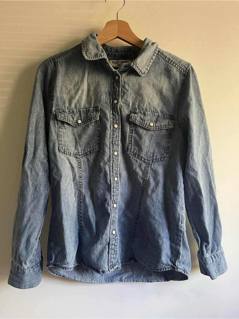 Velvet Heart Denim Cotton Hemp Blend Western Snap Shirt Blue Size S
